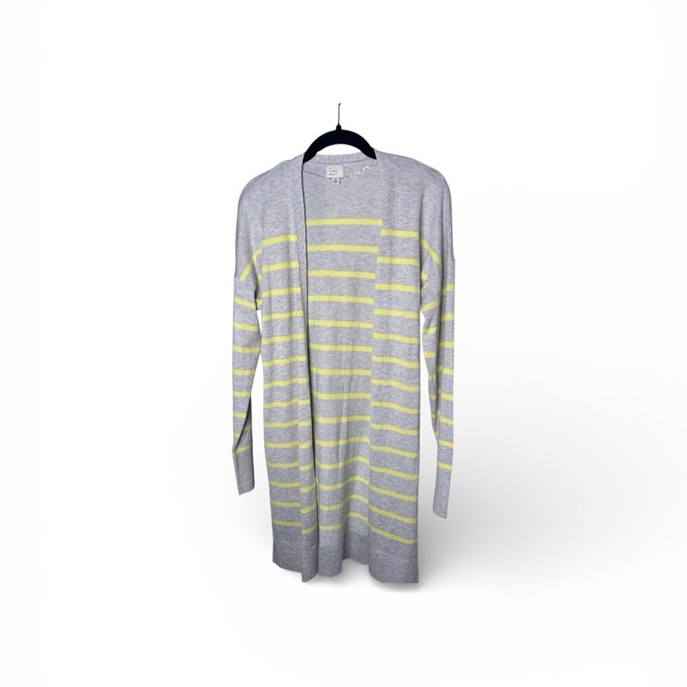 A New Day Gray and Yellow Striped Long Open Front Cardigan Medium